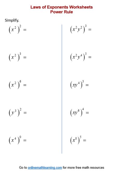 Power Rule of Exponents Worksheets (printable, online, answers, examples)