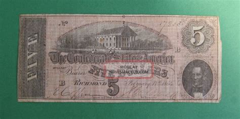 1864 $5 Dollar Bill Confederate States Of America Note