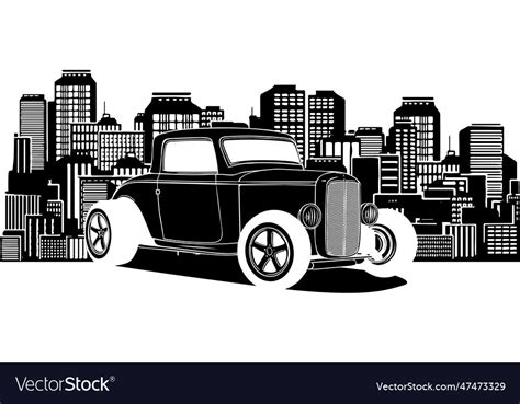 Black silhouette of hot rod car with city Vector Image