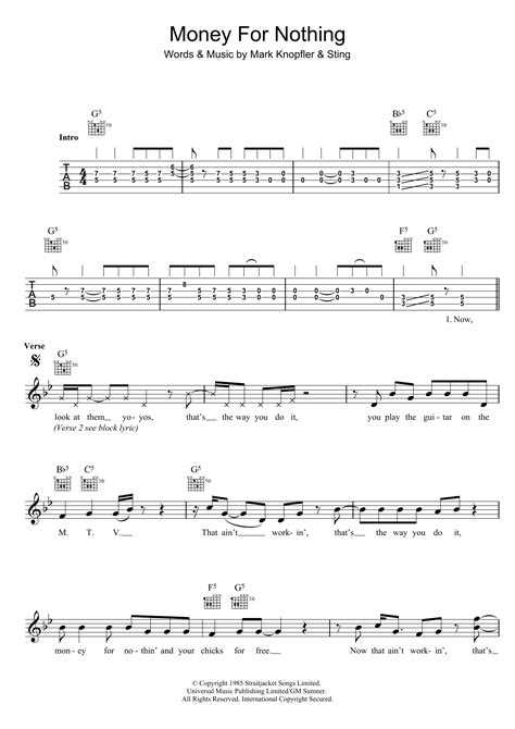 Dire Straits Money For Nothing Sheet Music Notes, Chords Download ...