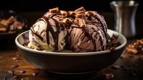 Premium AI Image | Chocolate ice cream with wafer rolls in a bowl on ...