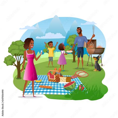 Family Picnic and Hike in Mountains Cartoon Vector Concept. African ...