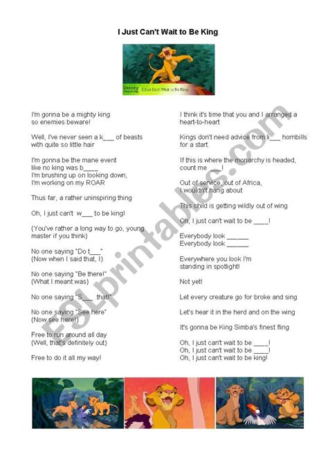 The Lion King Song: I Just can´t wait to be king (Easy) - ESL worksheet ...