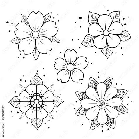 Old school tattoo flower set. Hand drawn black outline inflorescence ...