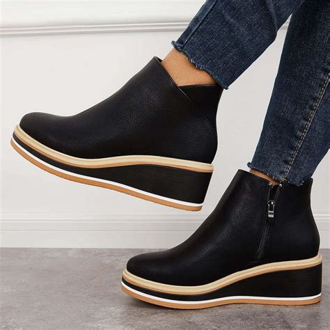 Casual Wedge Sneakers Side Zipper Platform Wedge Ankle Boots | Black ...