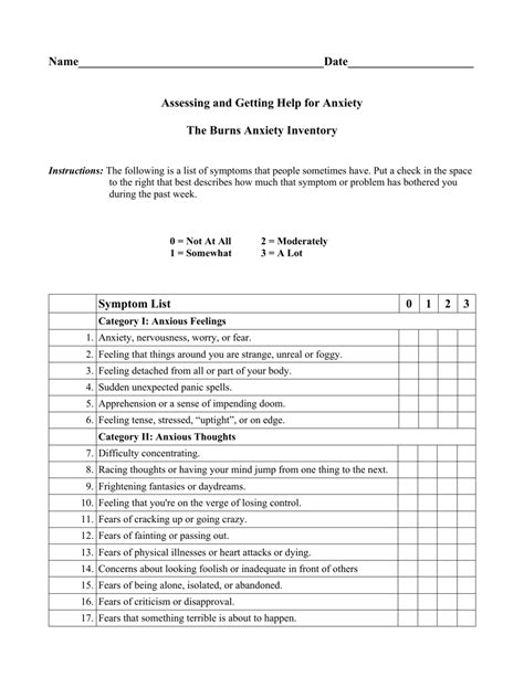 Anxiety Symptoms Checklist Printable