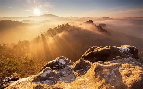 Wallpaper Mountain top, rocks, trees, sunrise, fog 1920x1200 Picture, Image