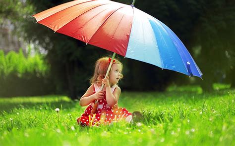 HD wallpaper: Little Girl With A Rainbow Umbrella, red and blue ...