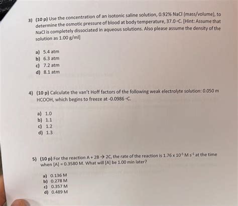 Solved 3) (10 p) Use the concentration of an isotonic saline | Chegg.com