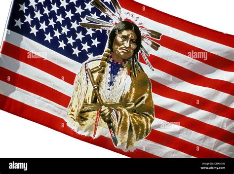 American flag with an image of a Native American Indian holding a Stock ...