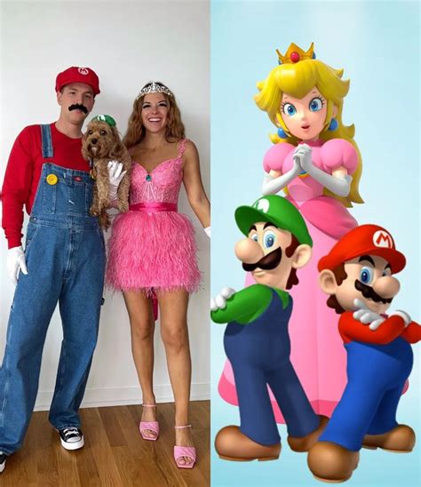 two people dressed up as mario and princess peach, one with a dog in ...