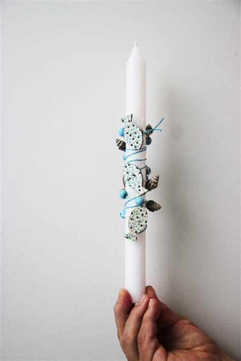 Greek Easter candle with fish and shells trim, short, white Easter ...