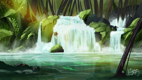 Sarath P - Forest Waterfall Concept Digital Art