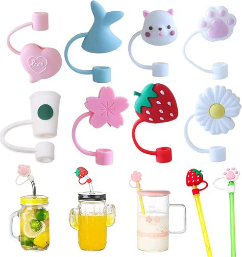 8 PCS Silicone Straw Cover Stanley Straw Tips Cover Strawberry Flower ...