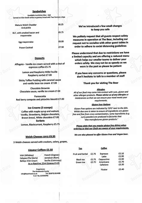 Menu at The Bear Hotel, Crickhowell pub & bar, Crickhowell