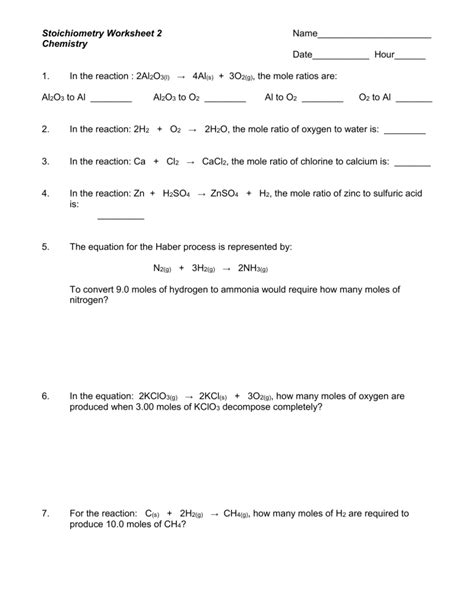 Stoichiometry Worksheets 1 Mole To Mole Calculations Answer