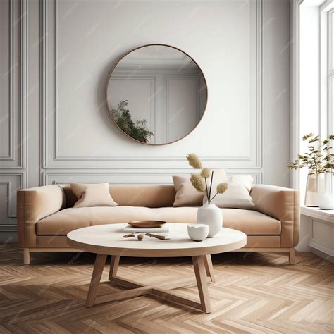 Premium Photo | A living room with a round mirror and a couch with ...