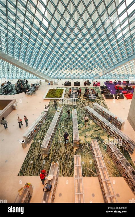 Interior view of the main reading room of the Seattle Public Library ...