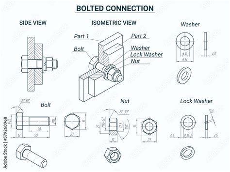 Bolt nut connection. Vector technical poster with bolted connection of ...