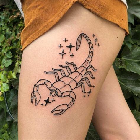 Outline scorpion tattoo inked on the left thigh | Scorpio tattoo ...