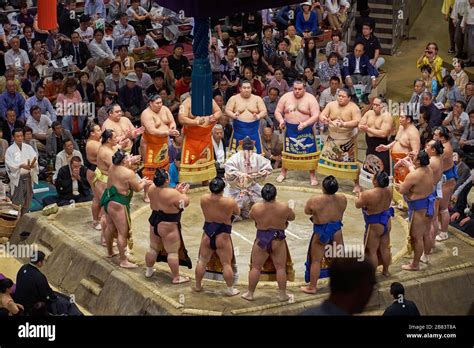 Sumo wrestlers in sumo wrestling ring for closing ceremony tradition at ...