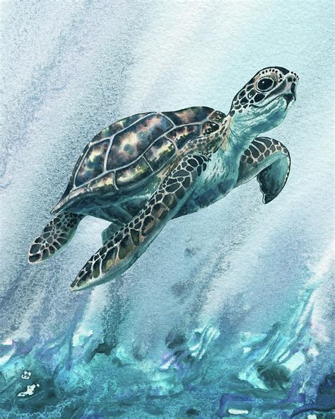 Giant Sea Turtle In Turquoise Blue Ocean Watercolor Painting by Irina ...