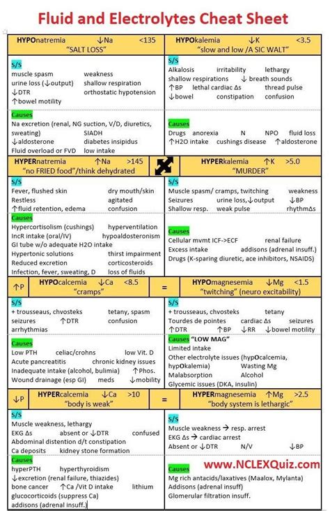 Nursing Mnemonics: Fluid, Electrolytes & Acid Base Cheat Sheet ...