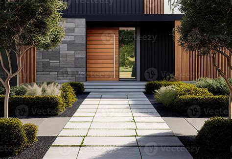 Modern house facade. Main entrance of living building. Door of luxury ...