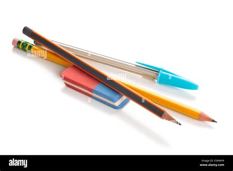 Pencils, pen and eraser. Isolated on white Stock Photo - Alamy