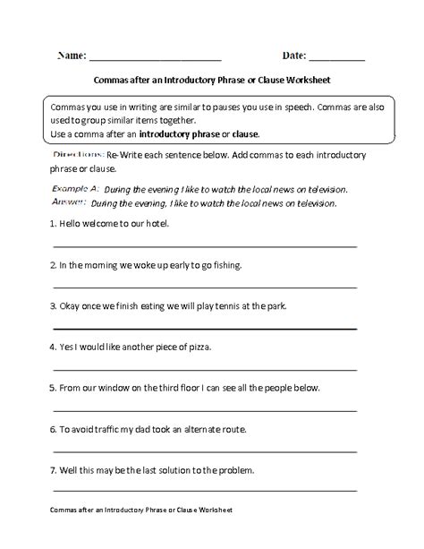 Commas Worksheets | Commas after Introductory Phrase or Clause Worksheet