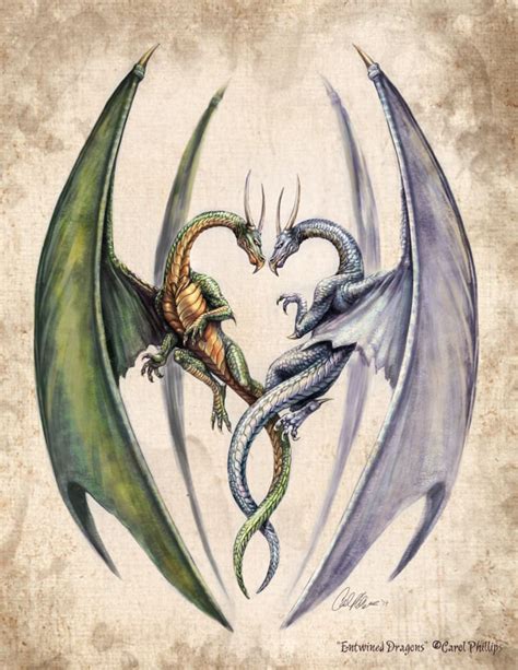 Fantasy Art Print, Dragon Art, Dragons Heart Love Entwined Lovers ...