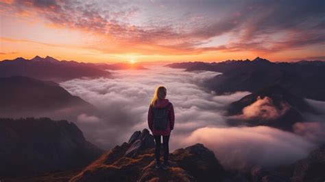 Premium AI Image | a woman on top of a mountain peak with view of ...