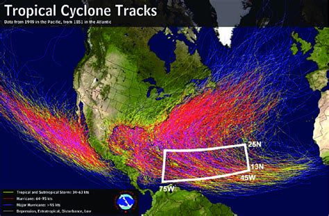 Tropical cyclone tracks map (adapted from [37]) with the region ...