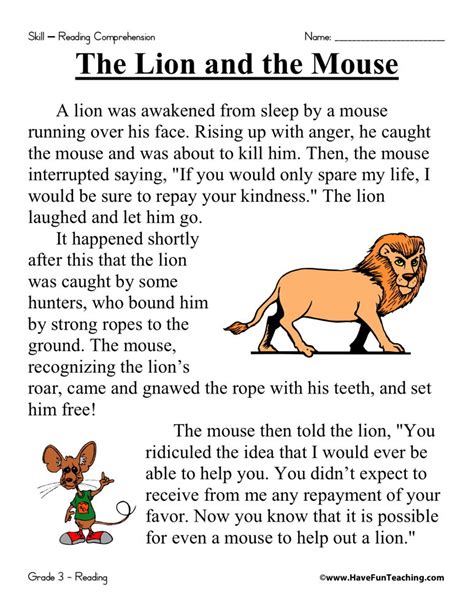 Reading Comprehension Worksheet - The Lion and the Mouse