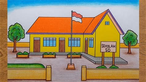 Cara Menggambar Sekolah Yang Bagus Dan Mudah || Menggambar Sekolah SD ...