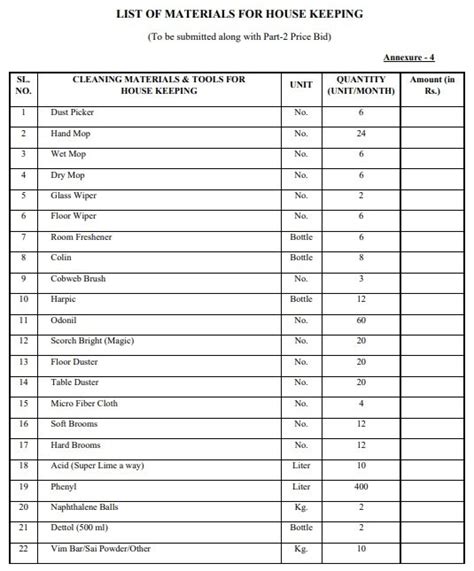 Printable Material List Template