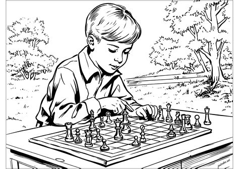 Child playing chess - Vintage Coloring Pages for adults