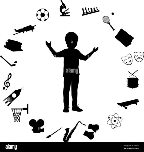 Silhouette boy surrounded of hobbies. Symbol illustration icon logo ...