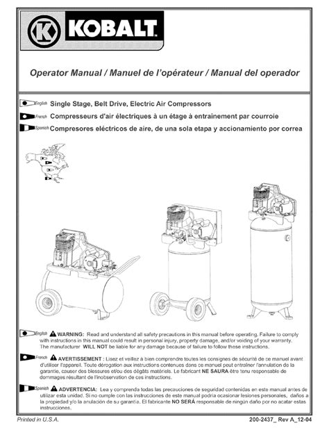 KOBALT AIR COMPRESSOR OPERATOR'S MANUAL Pdf Download | ManualsLib