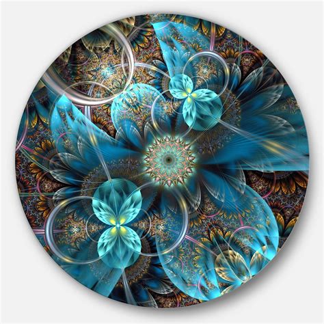 Designart Fractal Blue Flowers' Disc Floral Circle Metal Wall Art ...