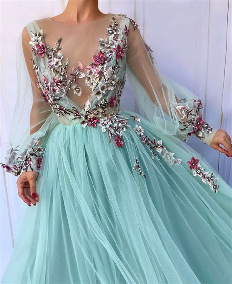 Blue tulle floral embroidered puff sleeve prom dress ,tulle evening ...