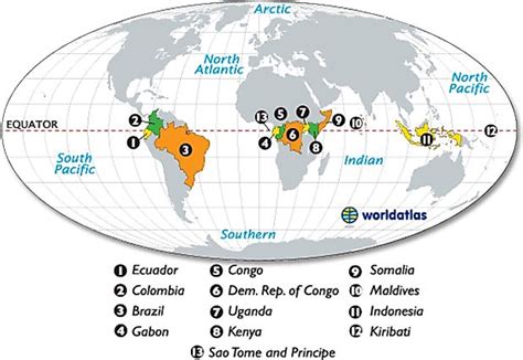 Map of Countries the Equator Passes Throuth - Worldatlas.com