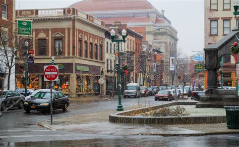 Christmastime 2017 in Troy NY Downtown during Snow Storm Editorial ...