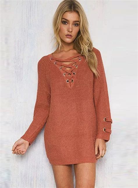 Women's Solid V Neck Lace-up Long Sleeve Pullover Sweater - STYLESIMO.com