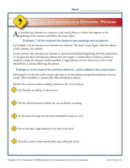 Commas and Introductory Elements: Phrases | Punctuation Worksheets