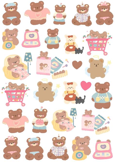 Aesthetic sticker pack template Korean printable cute bear in our heart ...