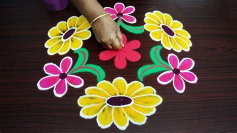 New n Latest flower rangoli design - Very Simple flower kolam for kids ...