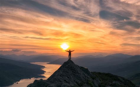 Photo of man on top of mountain during sunset HD wallpaper | Wallpaper ...