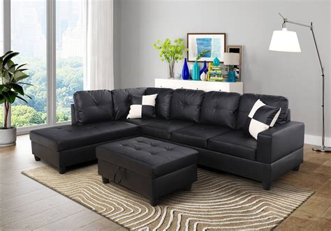 AYCP Furniture L Shape Sectional Sofa with Ottoman, Left Chaise, Black ...