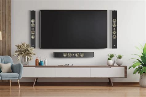 Wall-mounted speakers surround the big-screen TV with sound ...